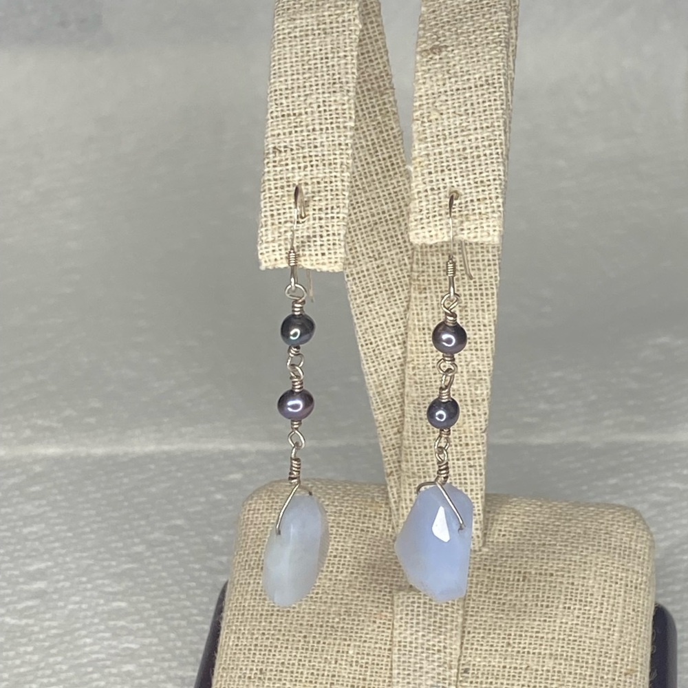 🔥Vintage Artisan Chalcedony & Black Tahitian-Style Pearl Earrings 925  Silver